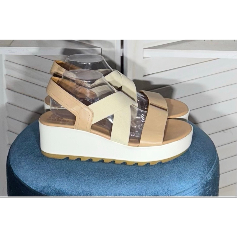 Sorel Cameron sandal platform slingback leather fabric beige chalk sz 11